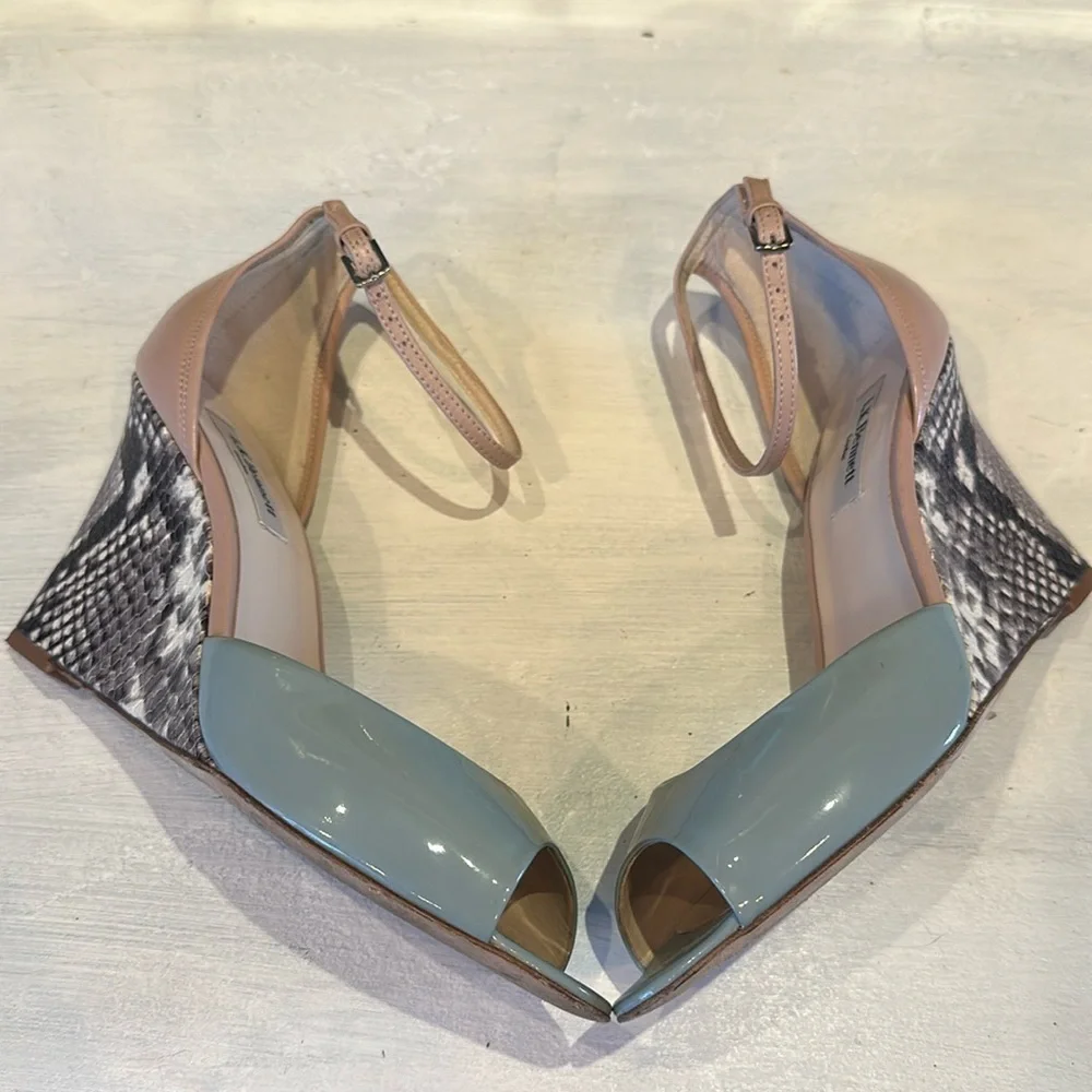 L.K. Bennett Coco Eau De Nil Wedge Shoes Leather Made Spain Size 38.5 High Heels